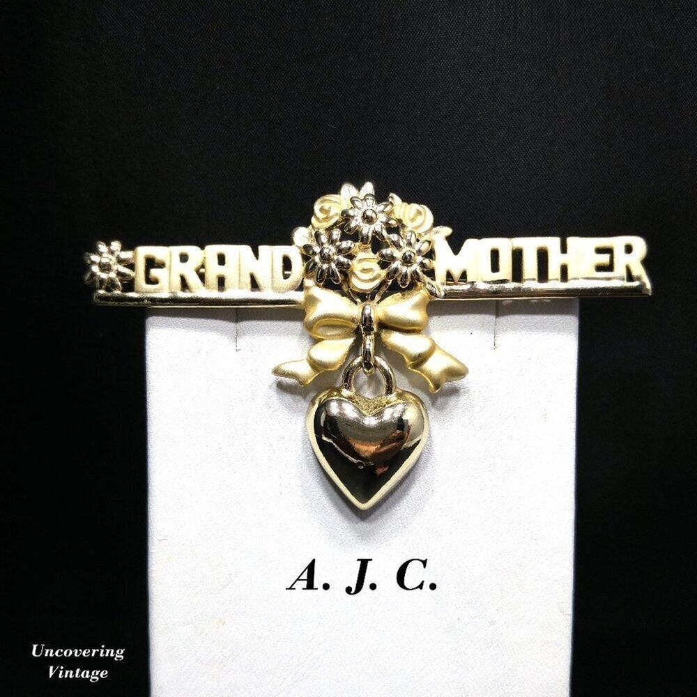 Vintage "Grandmother" Floral Dangling Heart Bar Brooch, Signed A.J.C.